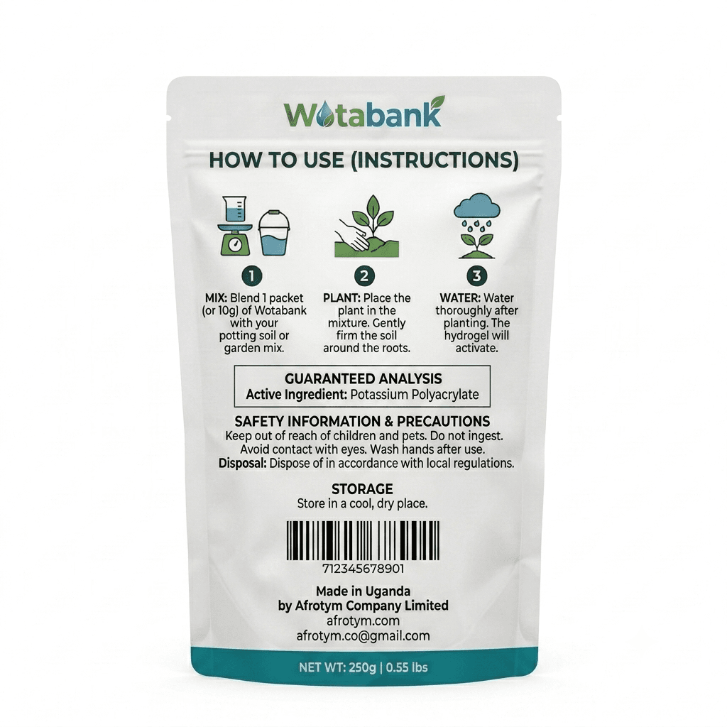 Wotabank pouch back, showing how to use, guaranteed analysis and safety information